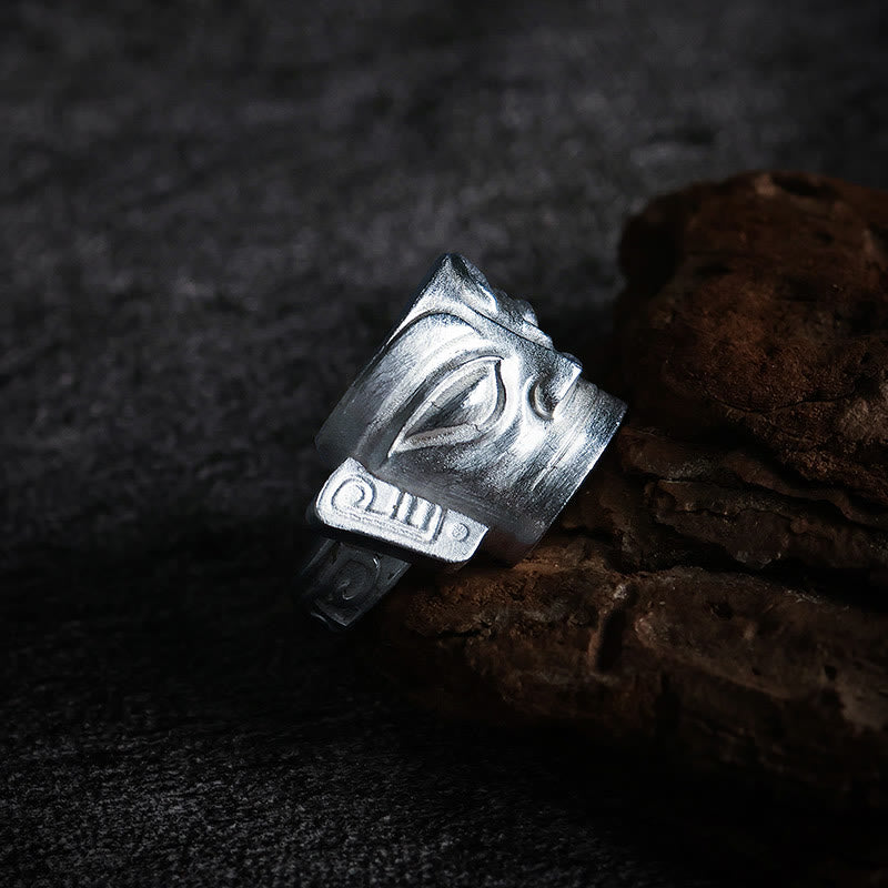 999 Sterling Silver Hand Casting Sanxingdui Mask Protection Ring