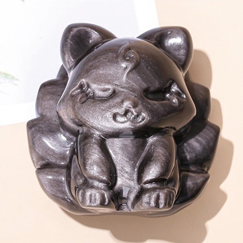 Natural Silver Sheen Obsidian Nine-Tailed Fox Protection Home Decoration