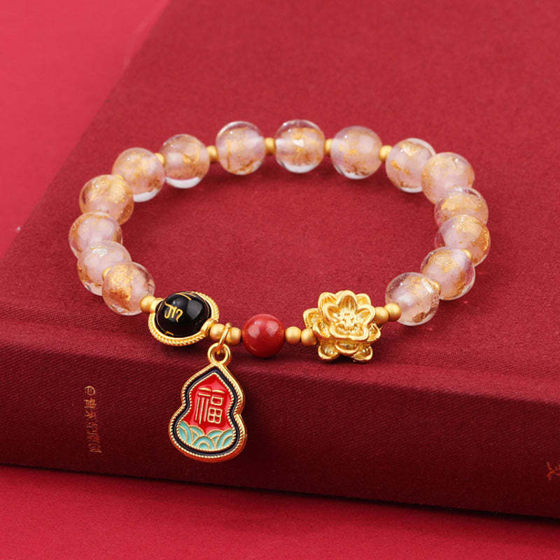 Tibet Om Mani Padme Hum Fu Character Gourd Charm Lotus Liuli Glass Bead Luck Bracelet