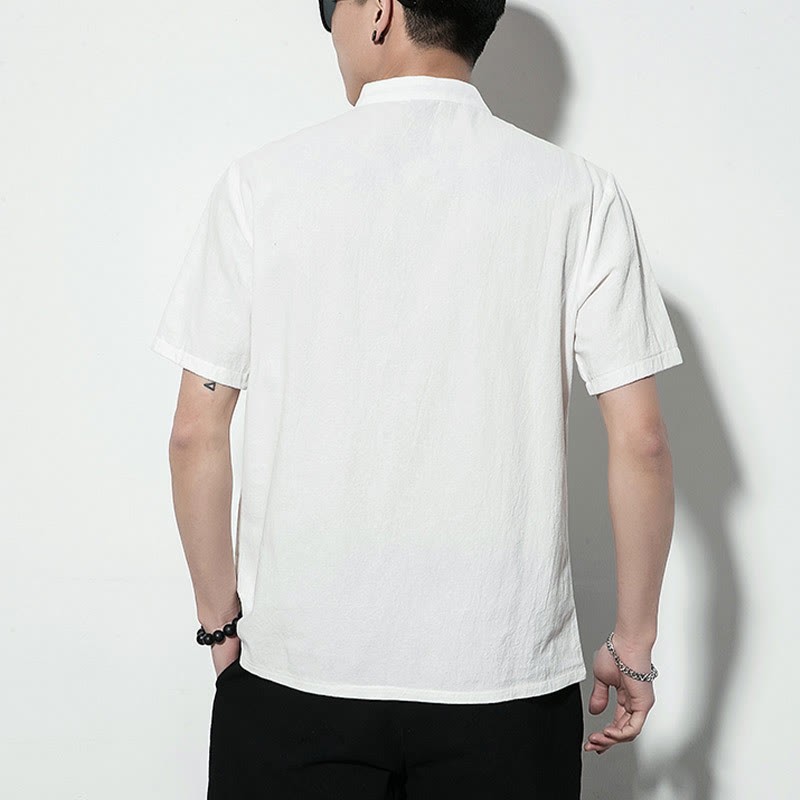 Casual Solid Color Front Frog Buttons Chinese Tang Suit Short Sleeve Linen Men's Shirt