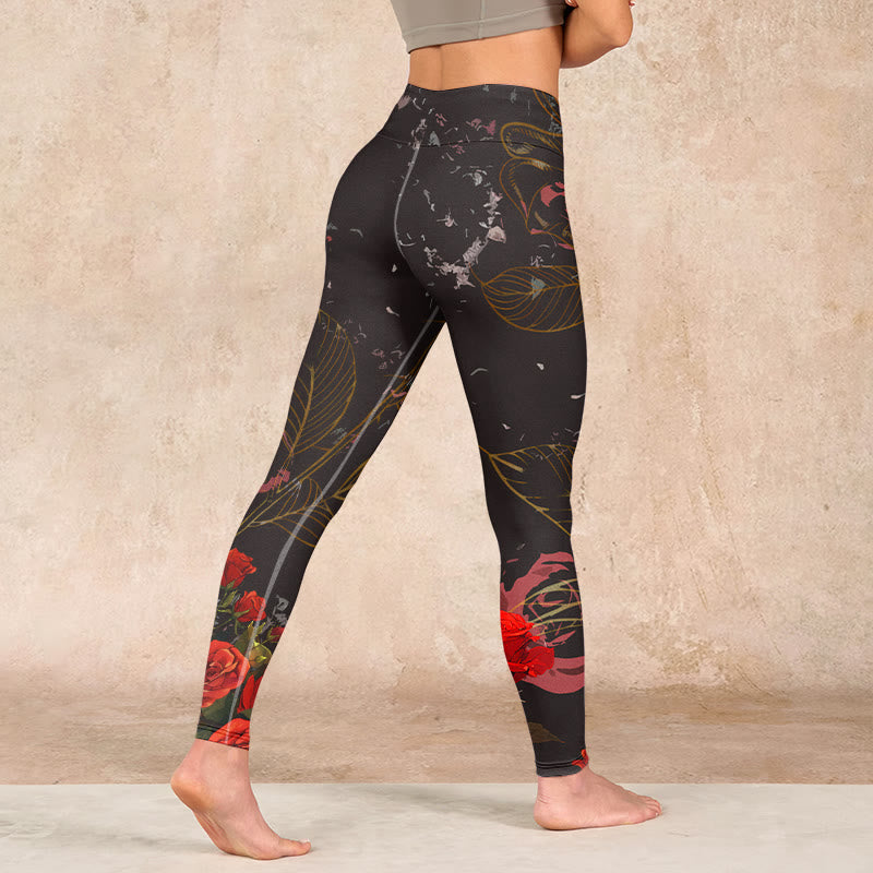 Red Roses Print Gym Leggings Women's Yoga Pants