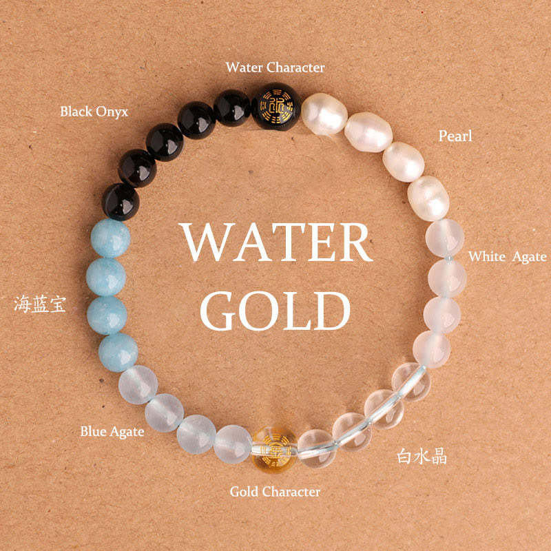 Five Elements Various Agate Crystal Black Onyx Green Chalcedony Aquamarine Wisdom Bracelet