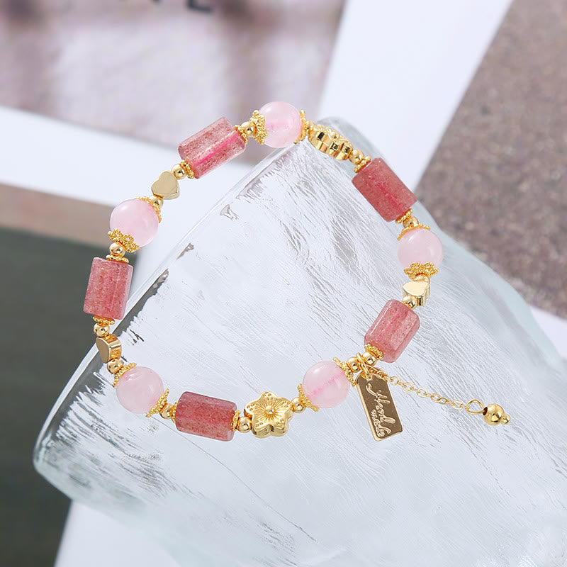 Strawberry Quartz Pink Crystal Love Heart Flower Positive Bracelet