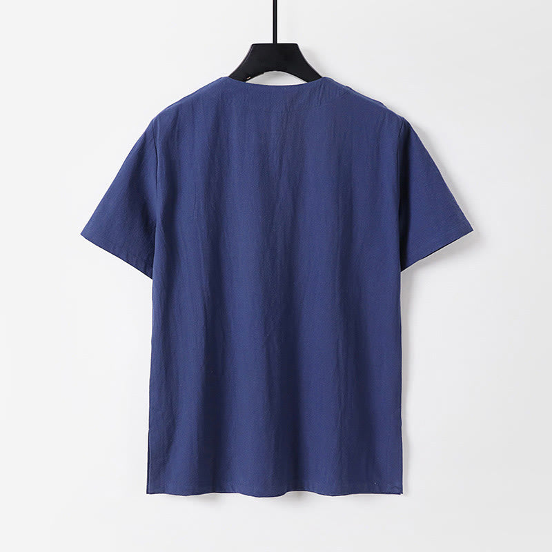 Solid Color Short Sleeve One Frog Button Cotton Linen Men's Shirt