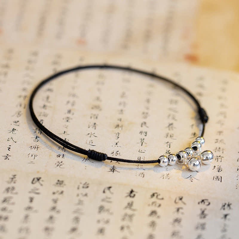 925 Sterling Silver Red String Braid Bell Charm Anklet