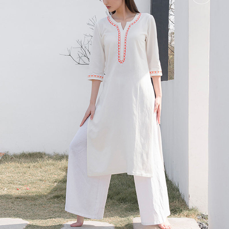 2Pcs V-neck Embroidery Yoga Clothing Zen Meditation Cotton Linen Top Pants Women's Set