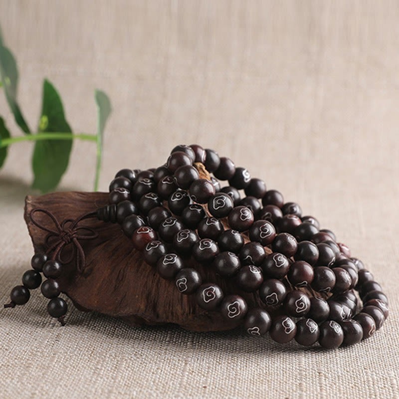 925 Sterling Silver Inlaid Small Leaf Red Sandalwood Om Mani Padme Hum Character Auspicious Clouds Protection Bracelet