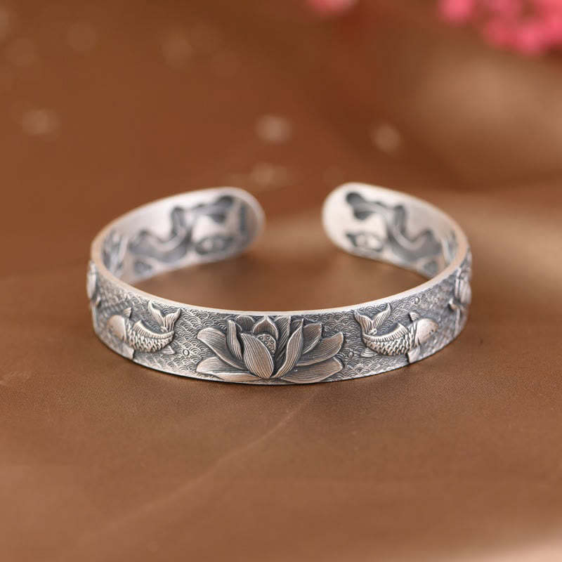 999 Sterling Silver Luck Koi Fish Lotus Wealth Bracelet Bangle