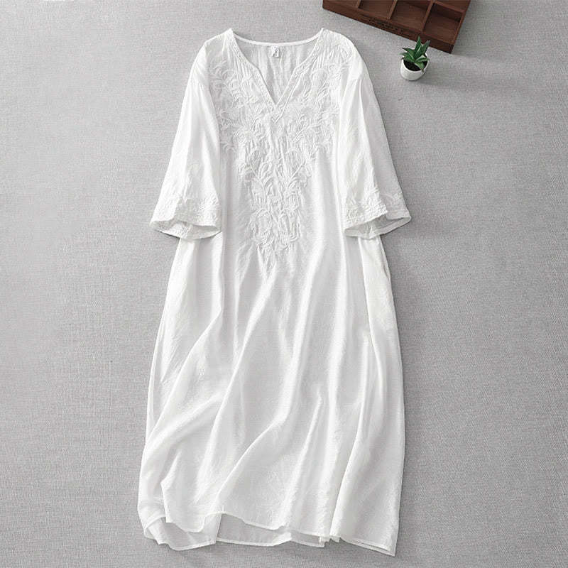Summer White Pure Color Embroidery Leaf Flower V-Neck Short Sleeve Cotton Linen Midi Dress With Pockets