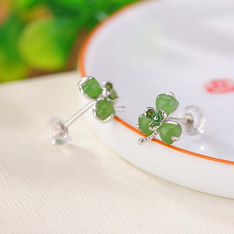 925 Sterling Silver Enamel Hetian Jade Shamrock Luck Earrings