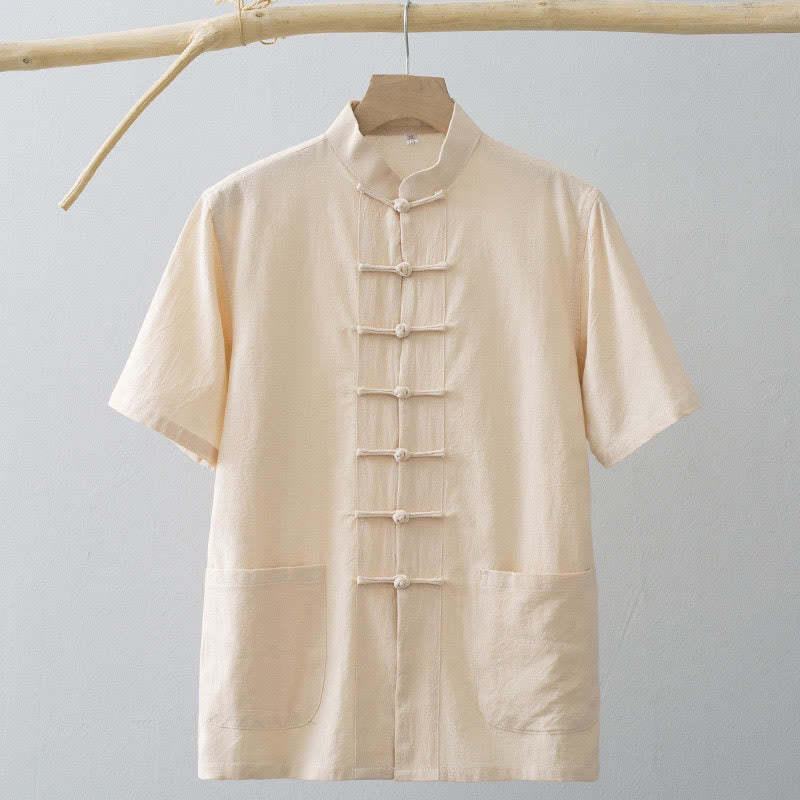 Chinese Frog-Button Tang Suit Men's Short Sleeve Shirt Cotton Linen Clothing With Pockets