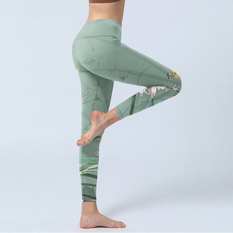 White Pink Orchids Leaves Print Gym Leggings Women's Yoga Pants