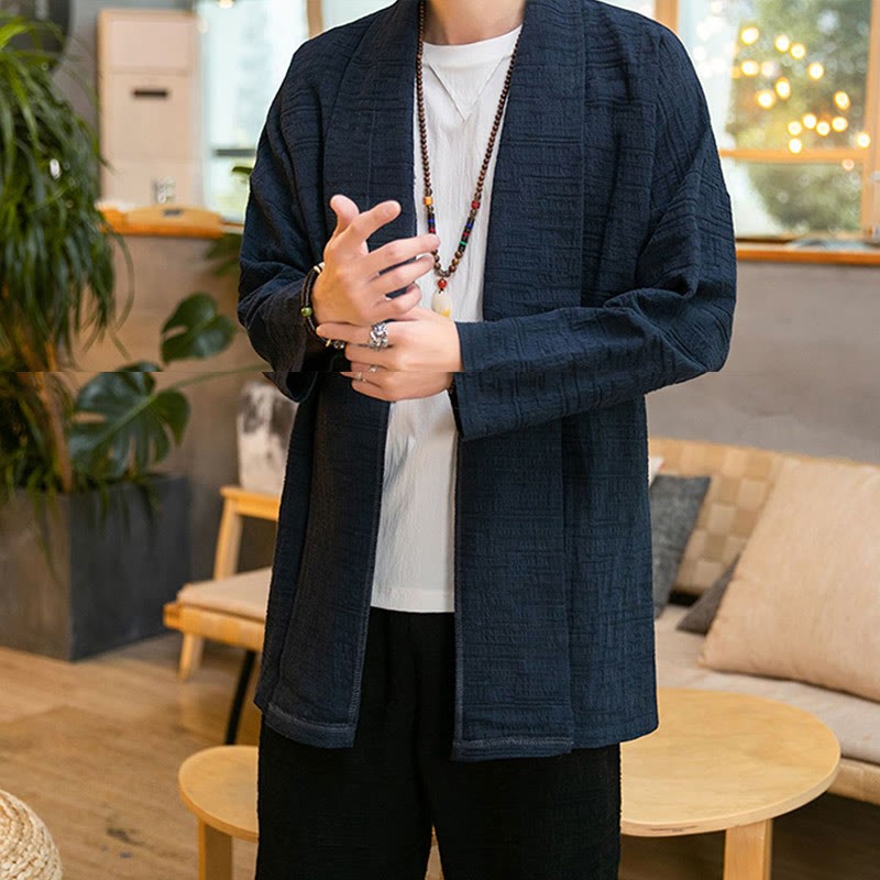 Fall Simple Loose Plain Linen Blend Men's Mid-length Coat Clothing