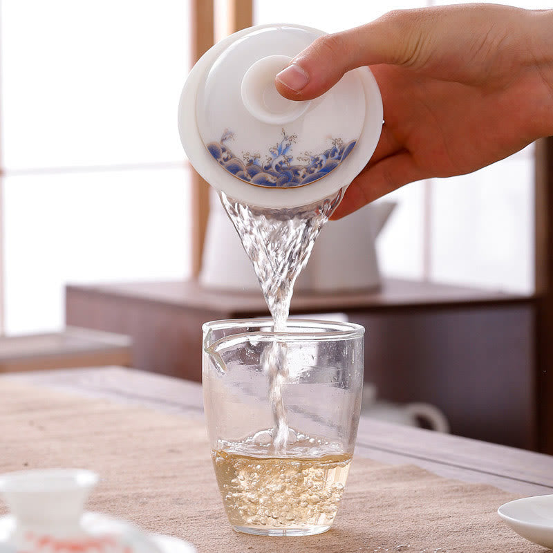 White Porcelain Mountain Landscape Countryside Ceramic Gaiwan Teacup Kung Fu Tea Cup And Saucer With Lid