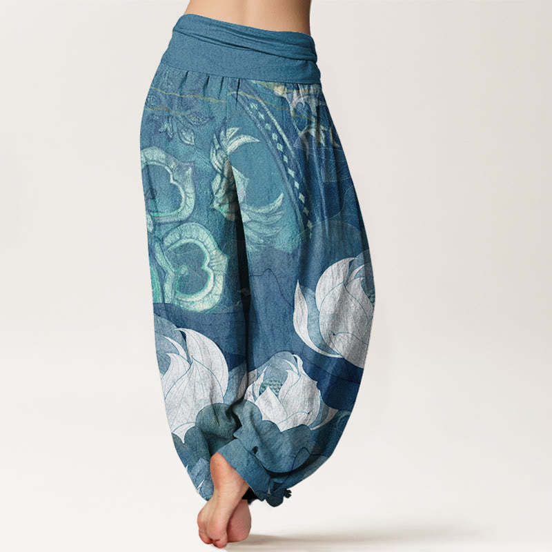 White Lotus Leaves Pattern Casual Women's Elastic Waist Harem Pants