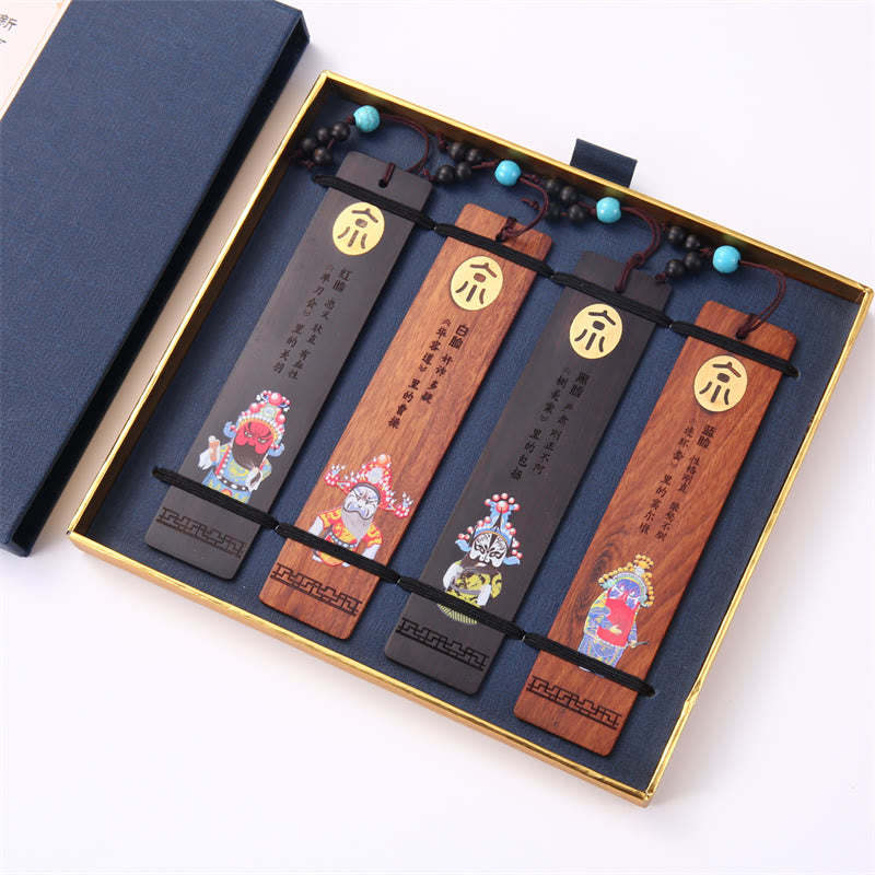 4Pcs Four Seasons Plum Orchid Bamboo Chrysanthemum Peking Opera Mask Wood Bookmarks With Gift Box