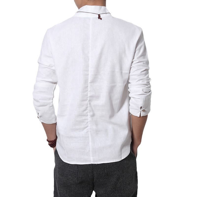 Casual V-Neck Long Sleeve Shirt Linen Men Clothing