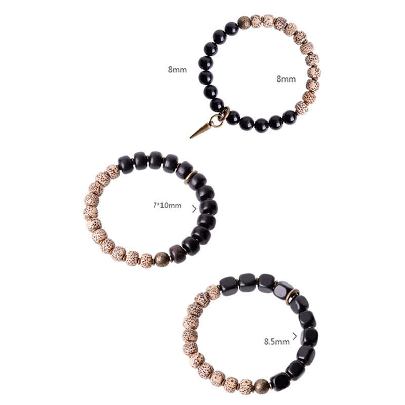 Tibetan Bodhi Seed Black Obsidian Ebony Wood Copper Peace Bracelet