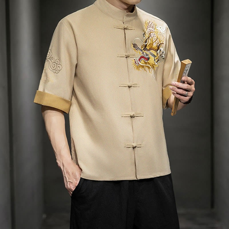 Frog-Button Chinese Dragon Auspicious Cloud Embroidery Half Sleeve Shirt Cotton Linen Men Clothing