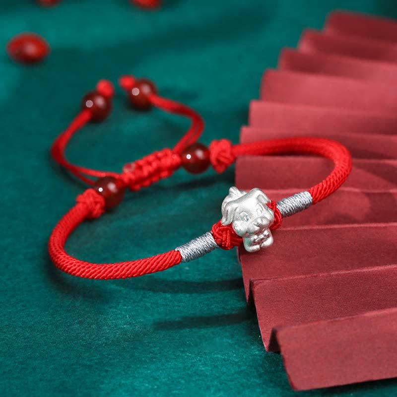 999 Sterling Silver Chinese Zodiac Luck Strength Red String Bracelet