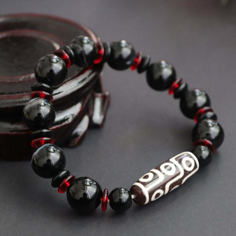 Black Onyx Nine-Eye Dzi Bead Wealth Protection Bracelet