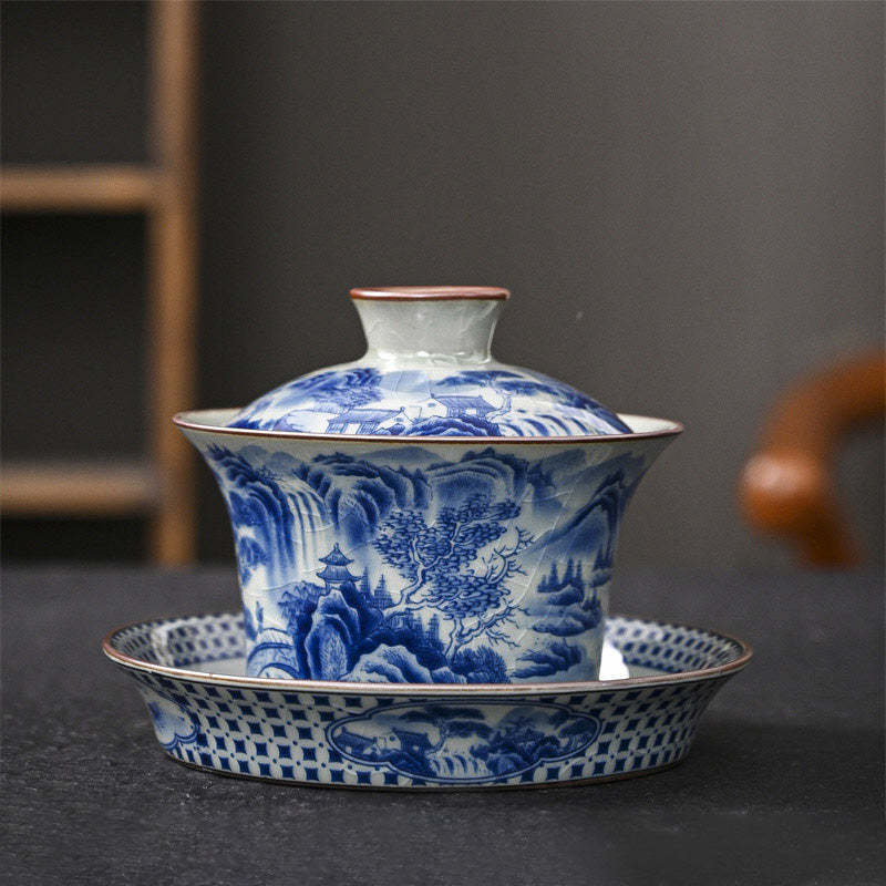Jingdezhen Dragon Phoenix Pavilion Pine Flower Ceramic Gaiwan Sancai Teacup Kung Fu Tea Cup And Saucer With Lid 170ml