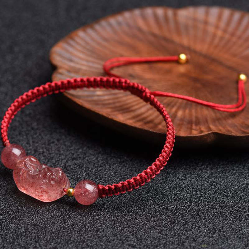 Natural Strawberry Quartz PiXiu Lucky Red String Bracelet
