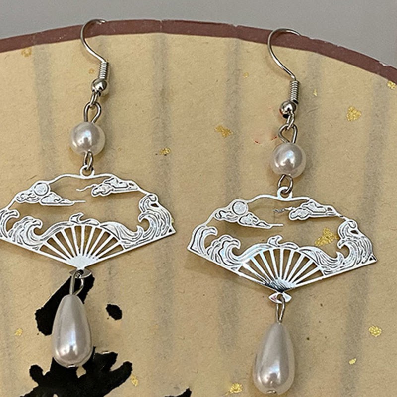 Copper Fan Auspicious Clouds Pearl Healing Drop Earrings