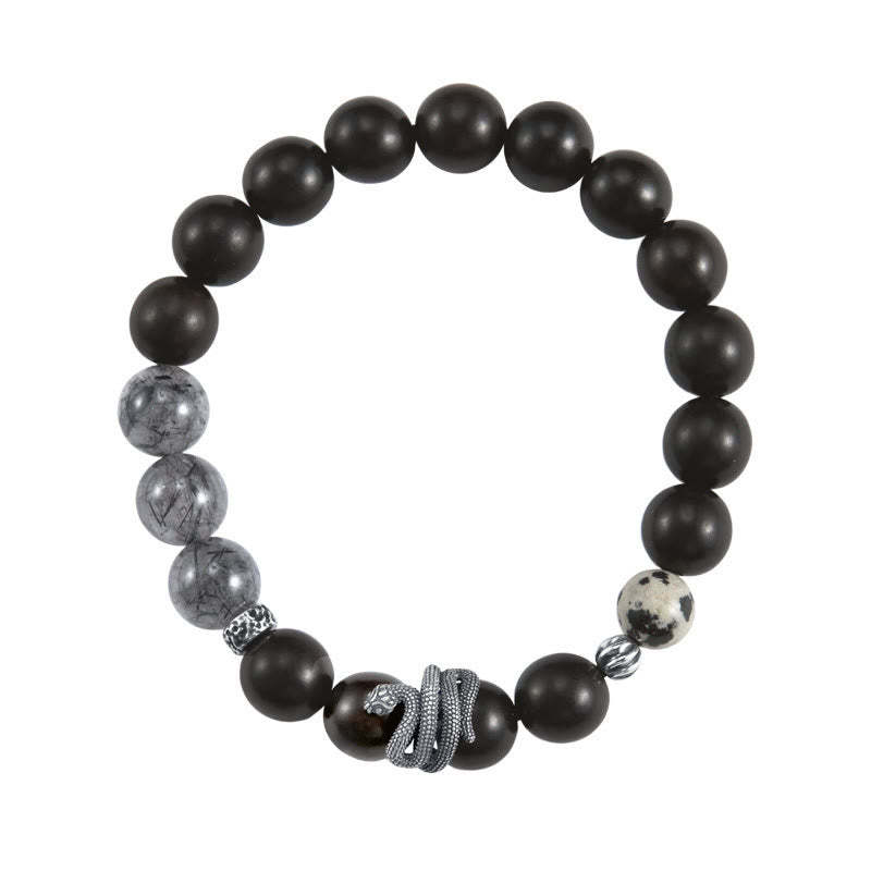 Ebony Wood Black Rutilated Quartz 925 Sterling Silver Year Of The Snake Balance Bracelet