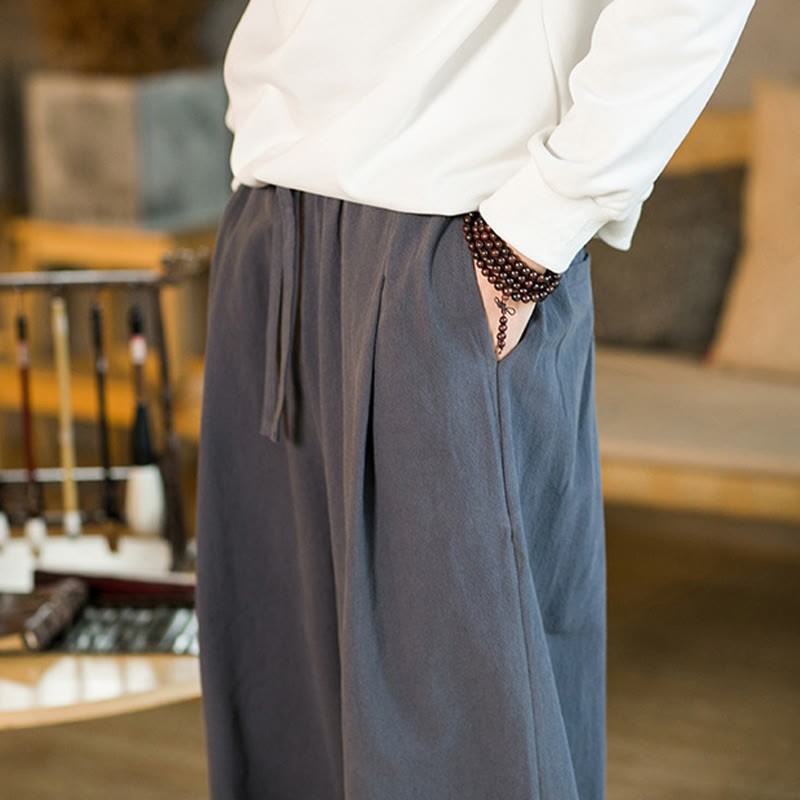 Solid Color Cotton Linen Drawstring Men's Harem Pants With Pockets