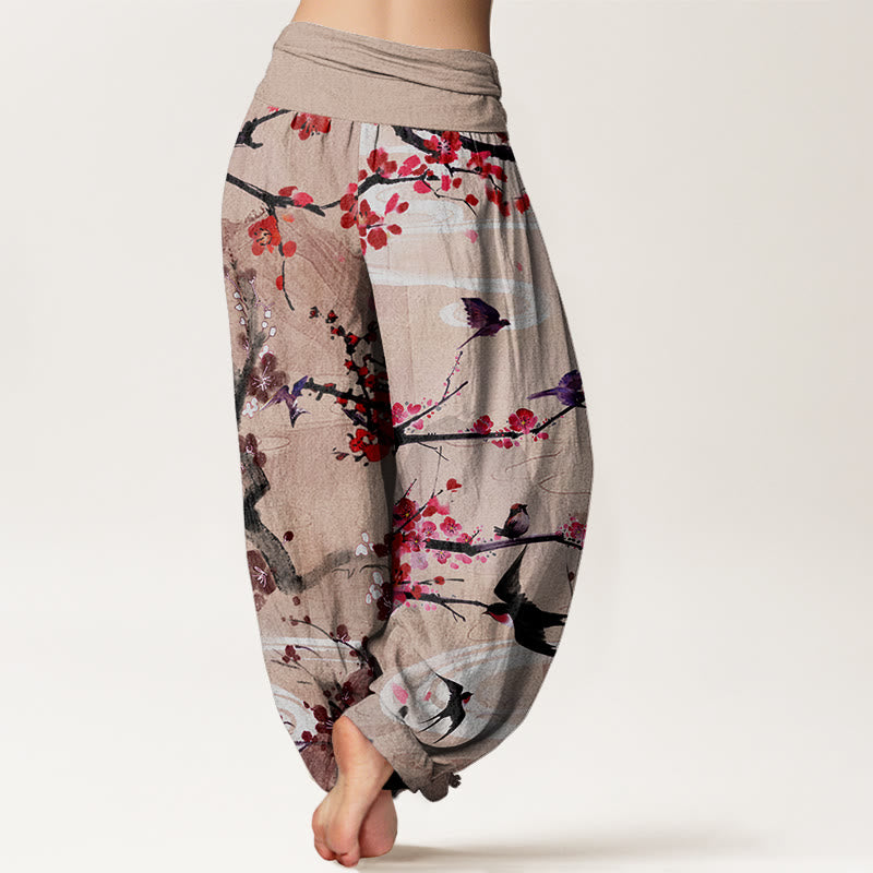 Casual Plum Blossom Bird Mountain Pattern Women's Elastic Waist Harem Pants