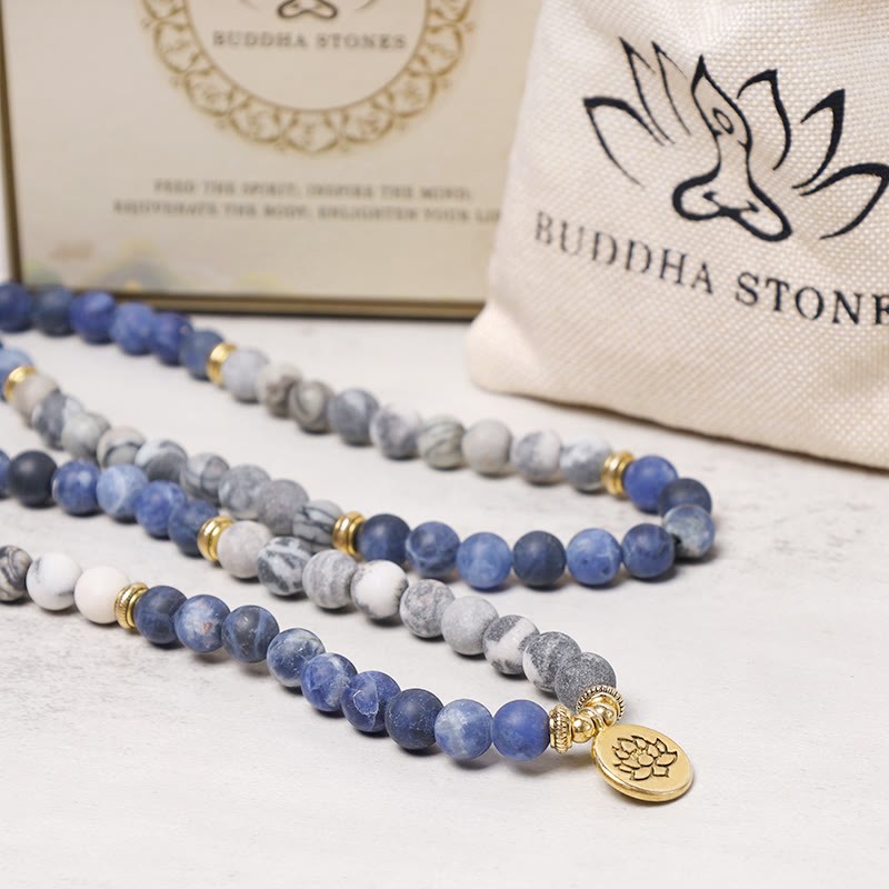 108 Natural Picasso Jasper & Blue Stone Mala Bead Lotus Pendant Bracelet