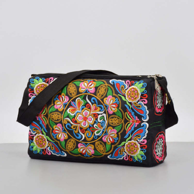 Galsang Inula Flower Peony Peacock Double-Sided Embroidery Canvas Shopping Purse Handbag Crossbody Bag