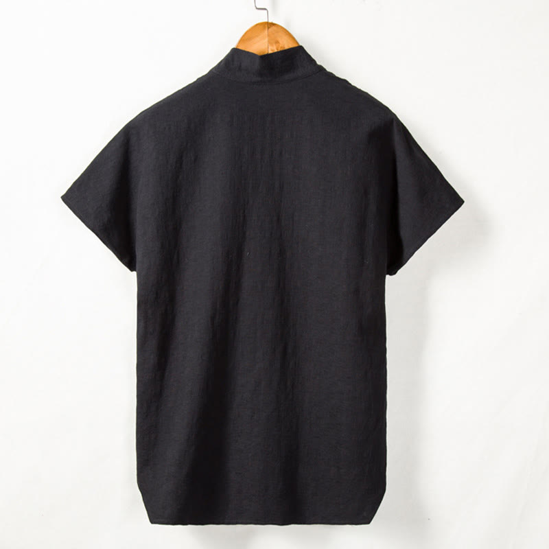 Men's Short Sleeve Shirt With Pocket V Neck Cardigan Comfort Cotton Linen Shirt
