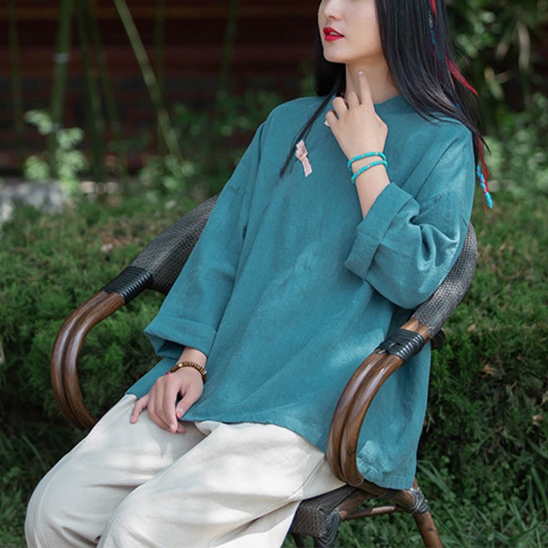 Ramie Linen Loose Blouse Women Long Sleeve Shirt Chinese Hanfu Top
