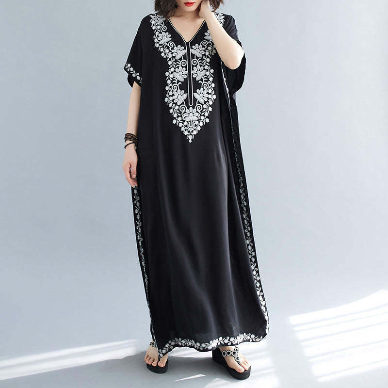 Summer Embroidery Flower V-Neck Short Sleeve Maxi Dress