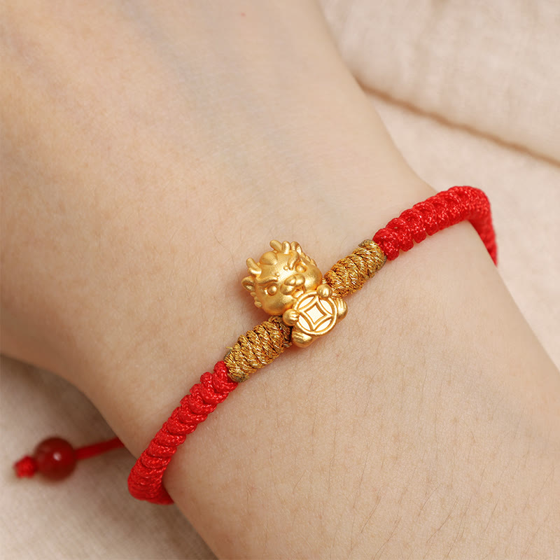 999 Sterling Silver Year of the Dragon Copper Coin Fortune Dragon Fu Character Luck Handcrafted Red String Braided Bracelet (Extra 30% Off | USE CODE: FS30)