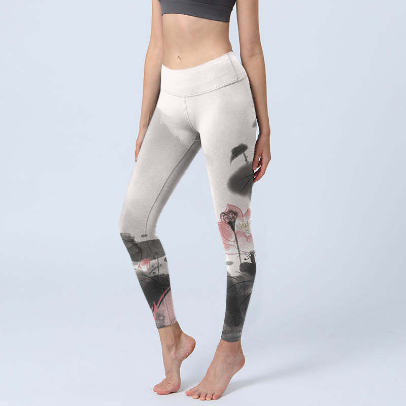 Ink Painting Lotus Flower Leaf Print Gym Fitness Leggings Women's Yoga Pants