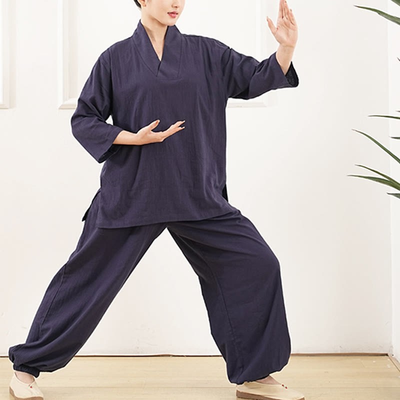 2Pcs V-Neck Three Quarter Sleeve Shirt Top Pants Meditation Zen Tai Chi Cotton Linen Clothing Women's Set