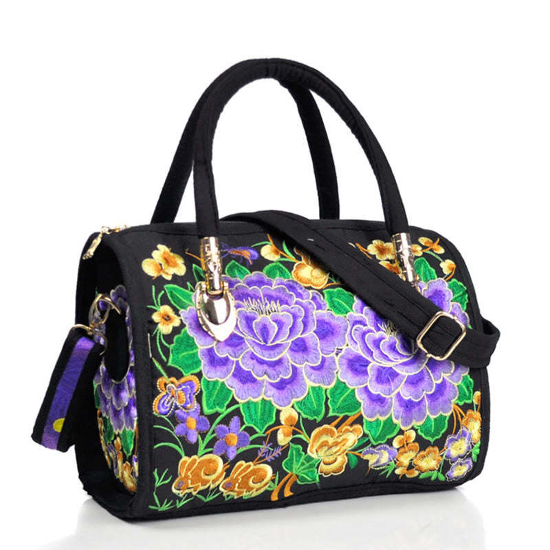 Money Tree Peony Camellia Double-Sided Embroidery Canvas Shopping Purse Handbag Crossbody Bag