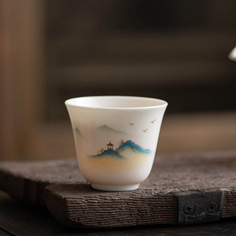 Lotus Flower Leaf Mountain Pavilion Elk Peony Ceramic Teacup Kung Fu Tea Cup
