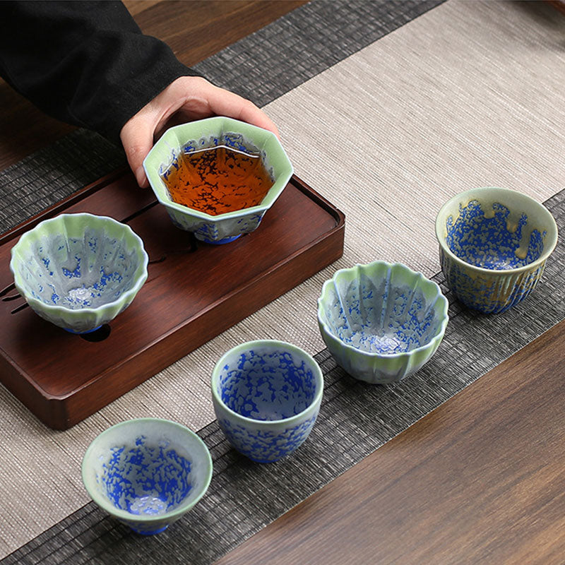 Retro Blue Red Gradient Lotus Pattern Kiln Change Ceramic Teacup Kung Fu Tea Cup Bowl