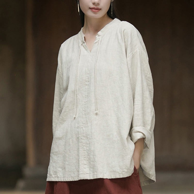Retro Solid Color Long Sleeve Ramie Linen Women's Shirt