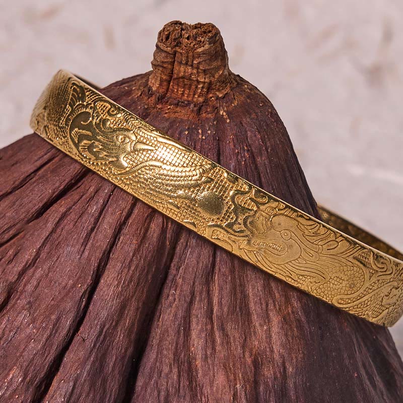 Dragon And Phoenix Playing With A Pearl Carved Copper Brass Luck Protection Bracelet Bangle