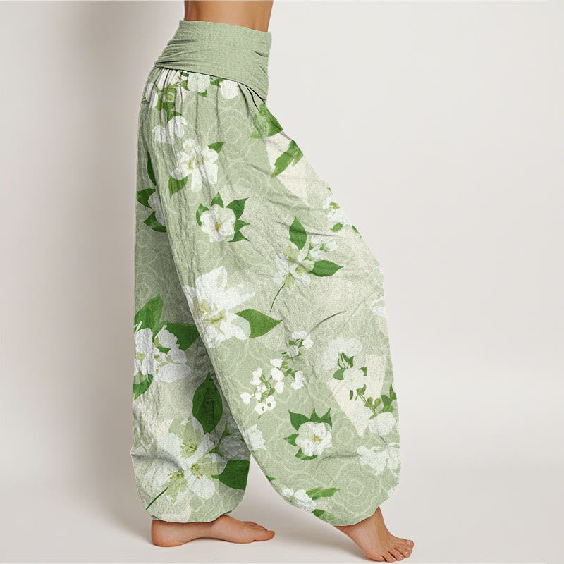 Casual White Magnolia Flowers Leaves Women's Elastic Waist Harem Pants