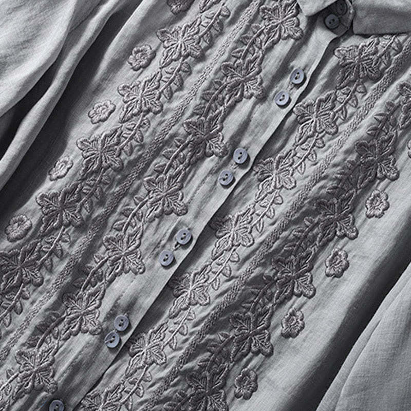 Summer Plain Button Embroidery Flower Pattern Three Quarter Sleeve Lapel Cotton Linen Women's Shirt