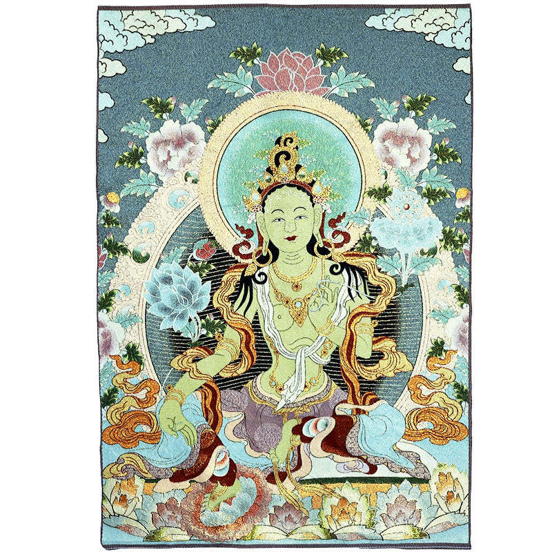 Tibetan Embroidery White Tara Thangka Tapestry Wall Hanging Wall Art Meditation for Home Decor
