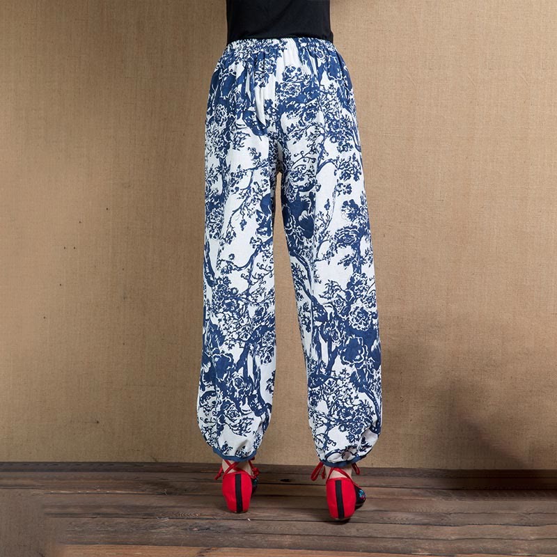 Blue Tree Flowers Print Harem Pants With Pockets