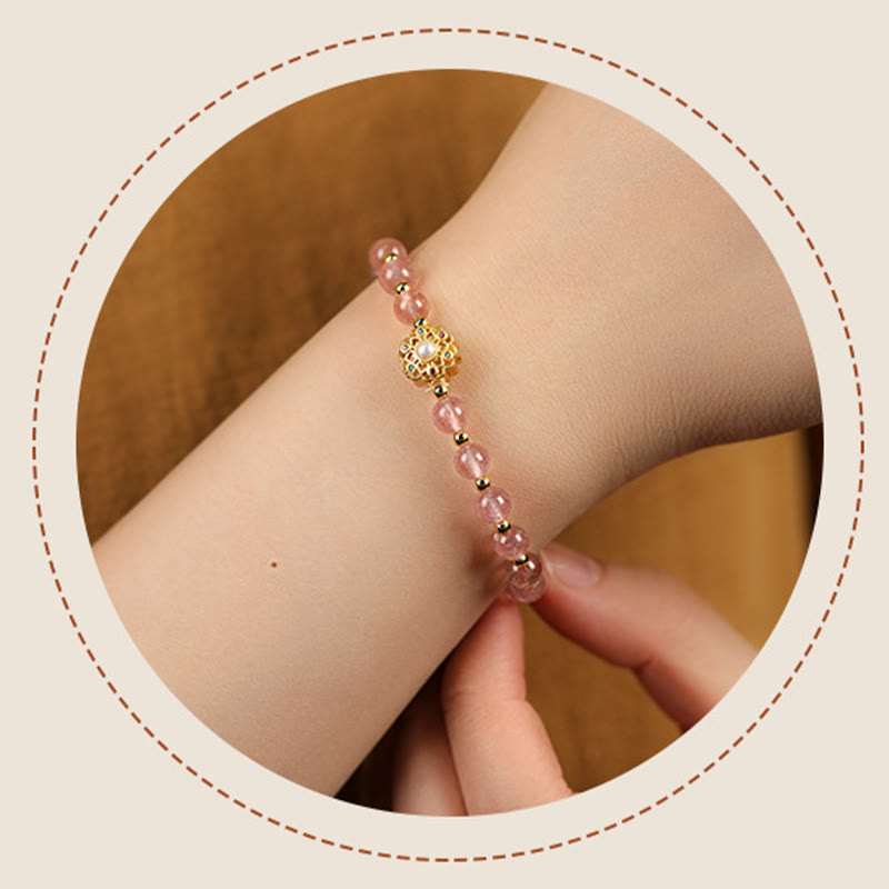 14K Gold Plated Natural Strawberry Quartz Labradorite Sun Stone Fu Character Positive Charm Bracelet