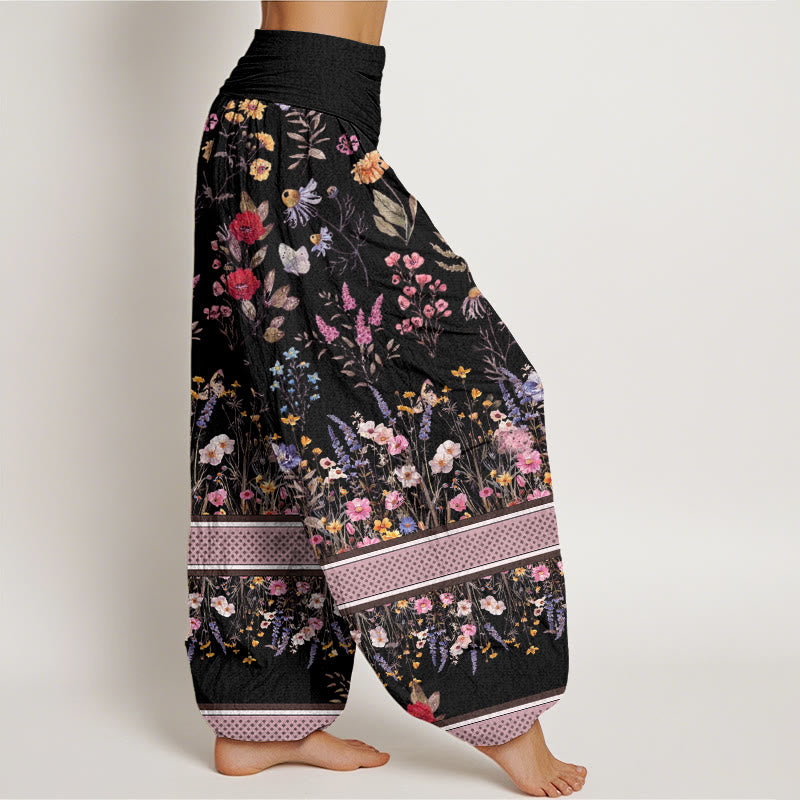 Multicolored Flowers Butterflies Design Women's Elastic Waist Harem Pants